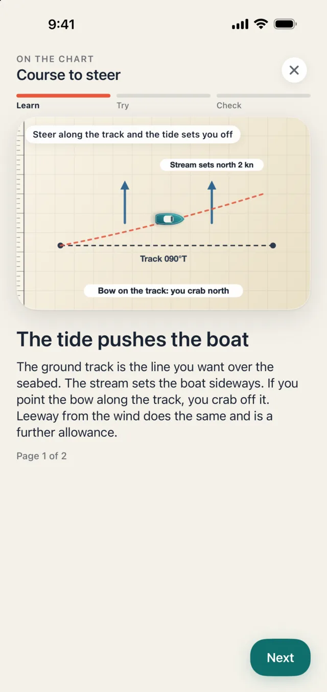A course to steer lesson on the chart in Skipper
